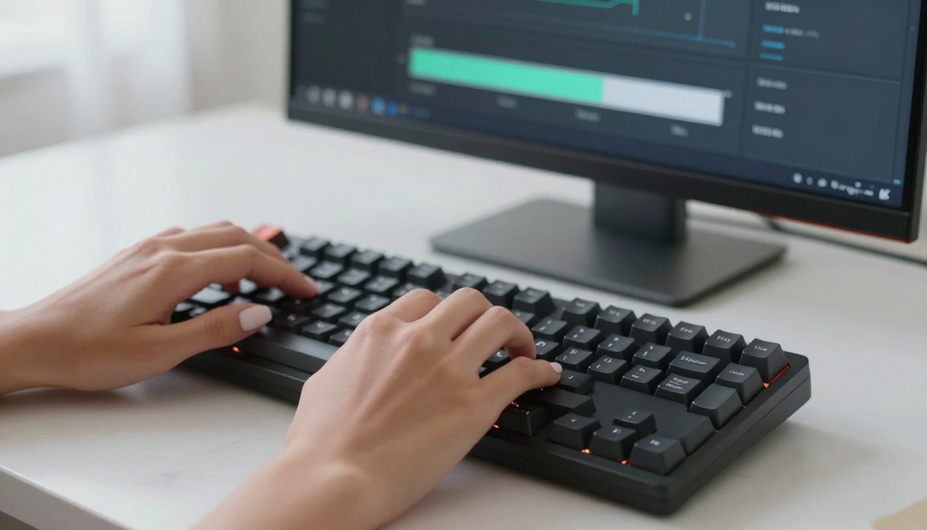 AI generation interface on screen, hands at keyboard