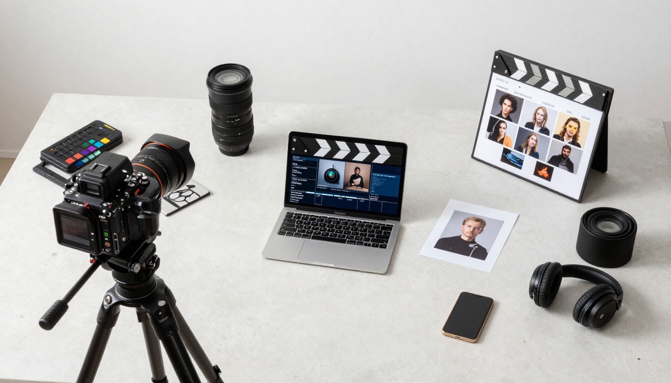 Aerial flat lay of professional creative workspace with production equipment