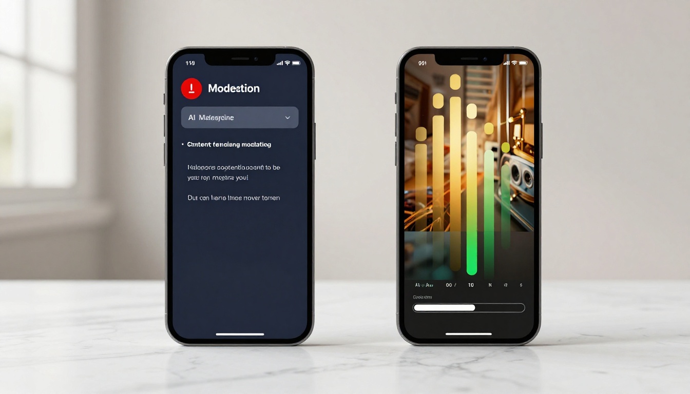 Comparison of content-blocked versus successful AI generation interfaces on two devices