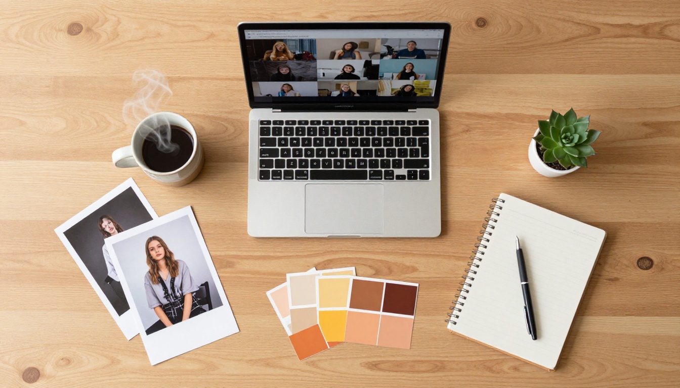 Aerial flat-lay view of a minimalist AI creative workspace with laptop and journal