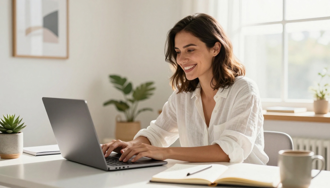 Woman smiling at PicassoIA laptop in bright modern home office