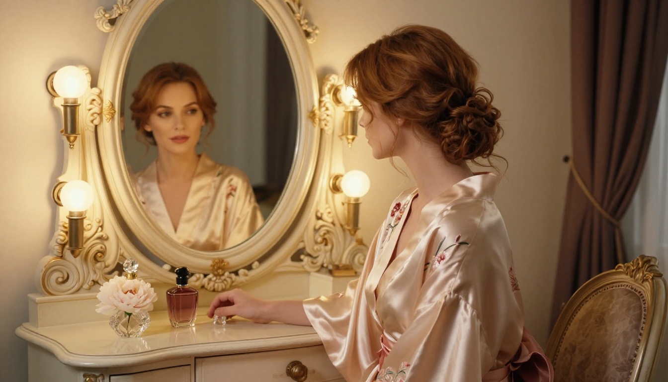 Luxury boudoir vanity scene with warm globe theater lights and champagne silk robe