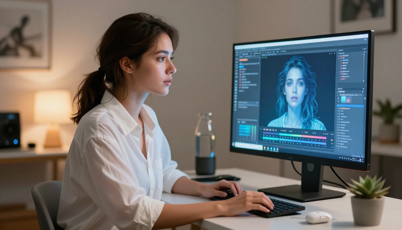 AI creator working on photorealistic content at a professional workstation with warm studio lighting