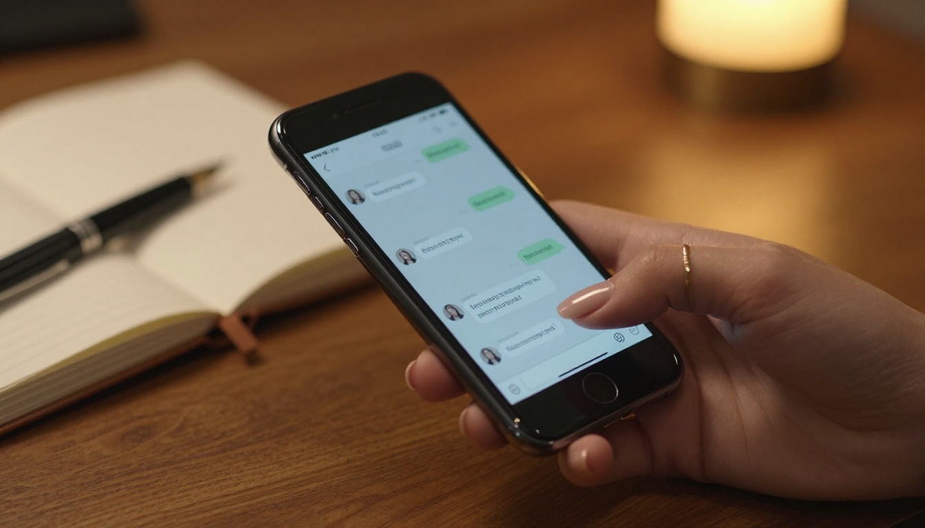 Close-up of a woman's hand holding a glowing smartphone showing an AI chat interface, warm lamp light Close-up of a woman's hand holding a glowing smartphone showing an AI chat interface, warm lamp light