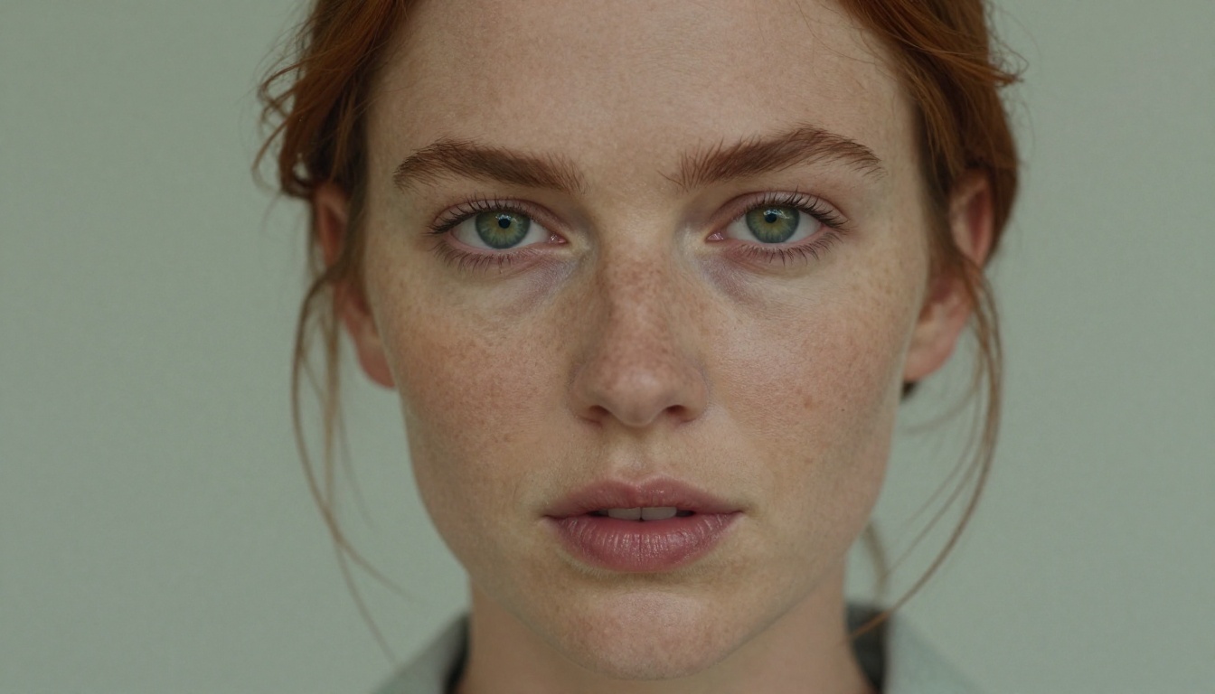 Close-up photorealistic portrait showing skin texture details, natural freckles, and genuine unguarded expression