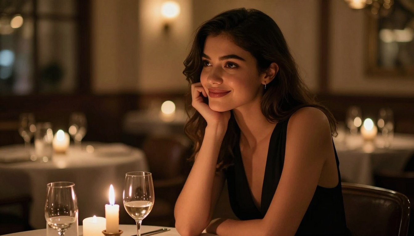 Woman in a fitted black evening dress at a candlelit fine-dining restaurant, warm upward light on her face Woman in a fitted black evening dress at a candlelit fine-dining restaurant, warm upward light on her face