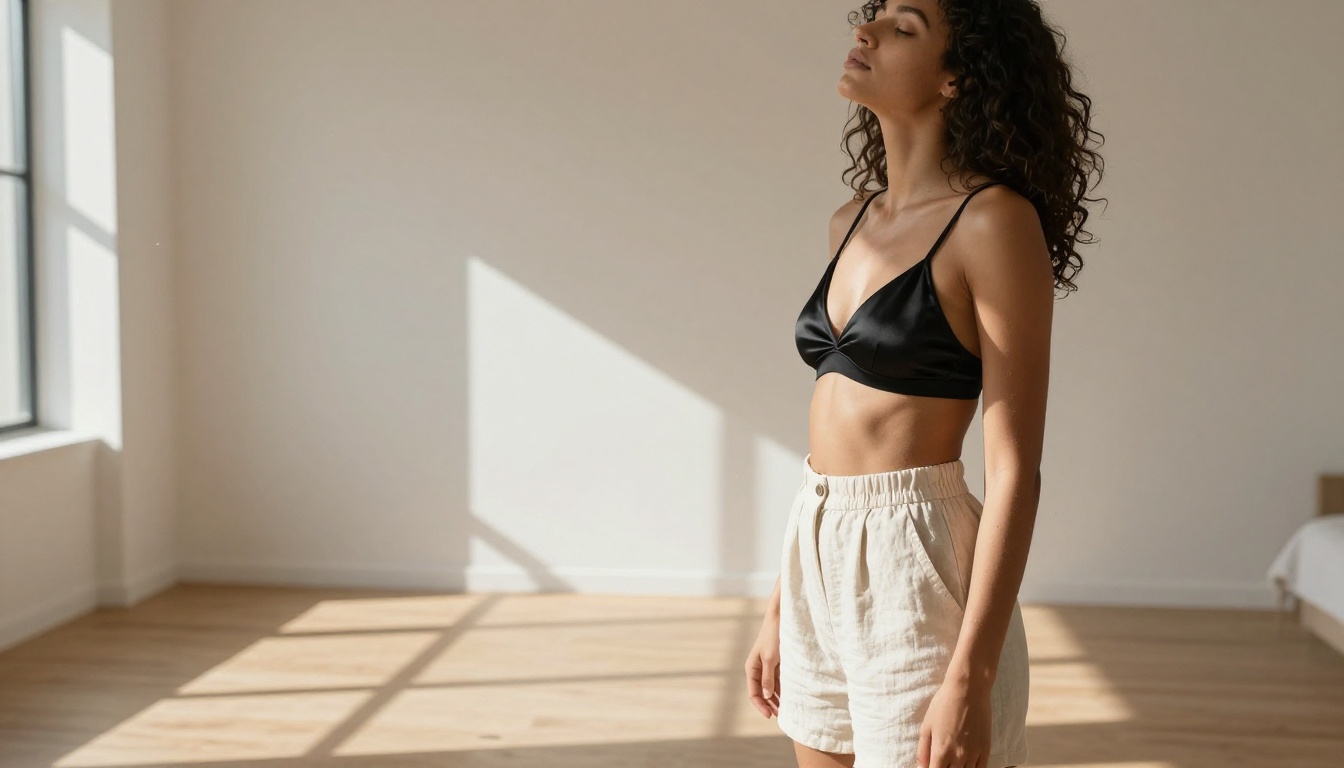 Woman with dark curly hair in a sun-drenched minimalist bedroom, sharp morning light casting long shadows