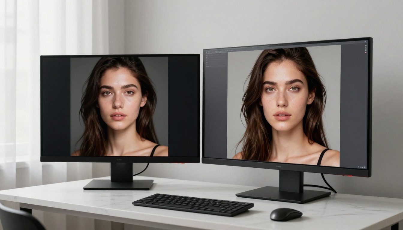 Two AI-generated portrait images displayed side by side on a professional 4K monitor in a photography studio
