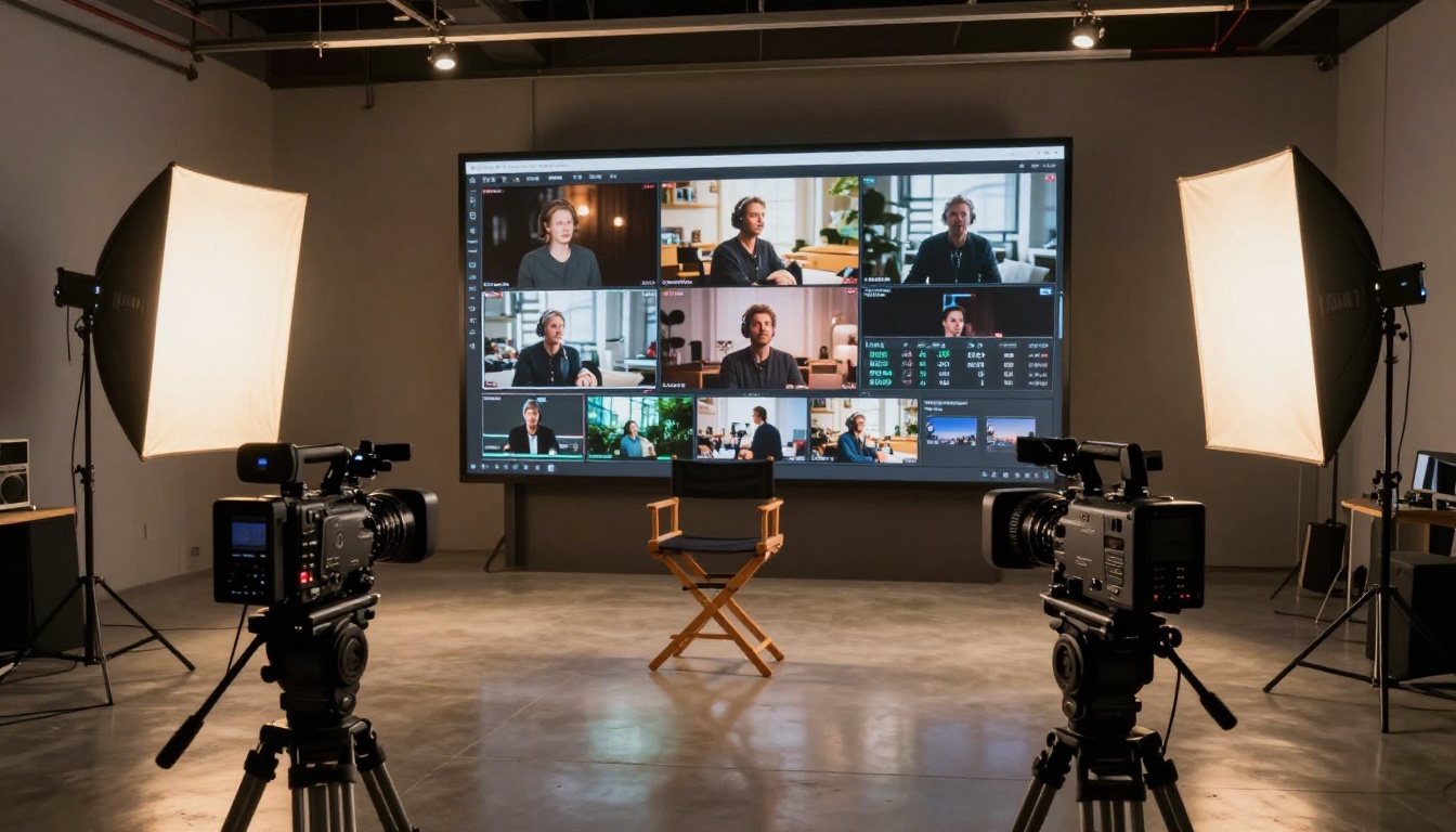 Professional video production studio with AI interface display