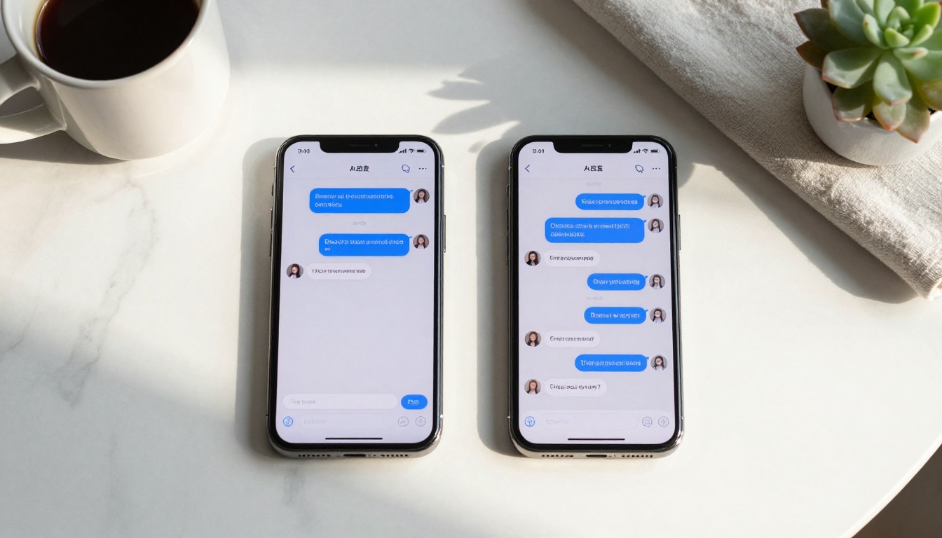 Two premium smartphones side by side on marble showing AI chat interfaces, morning light