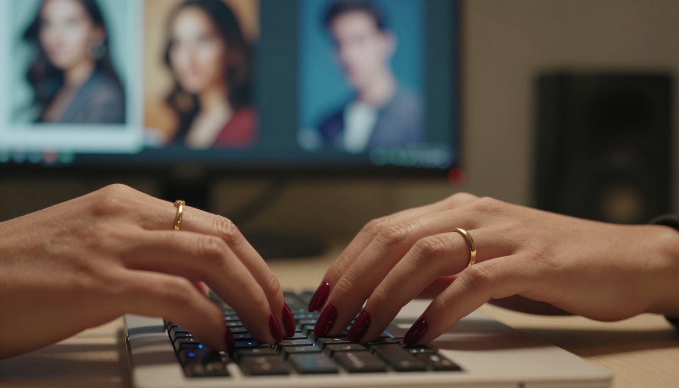 Macro close-up of elegant hands with manicured burgundy nails typing on a backlit keyboard with AI artwork visible in soft background bokeh