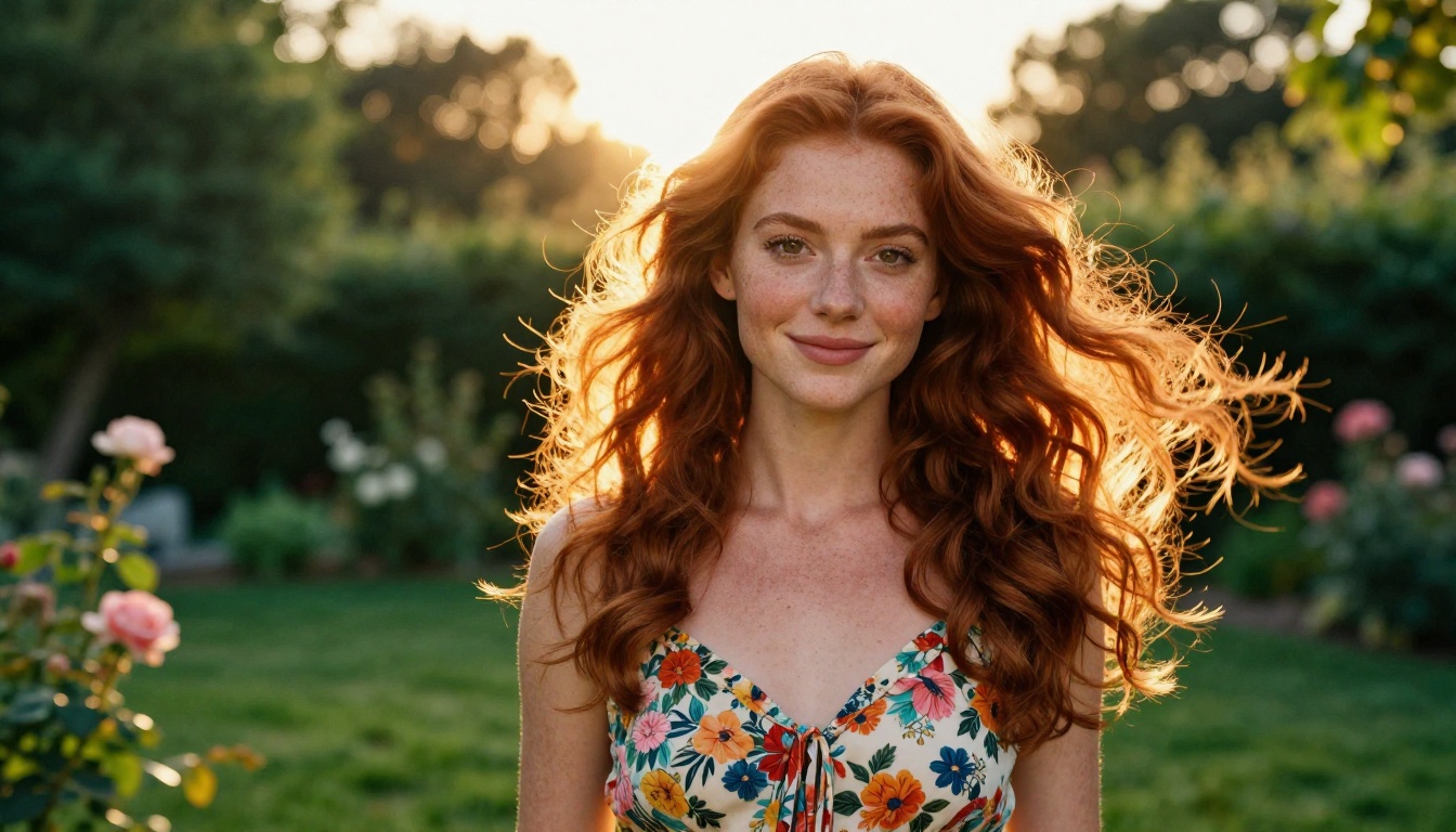 Woman with flowing auburn-red hair in a lush garden at golden hour, warm backlighting creating a halo effect