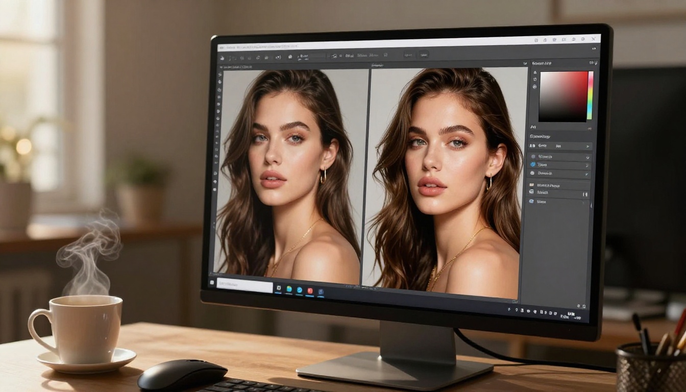 AI image editing interface with comparison panels and adjustment sliders