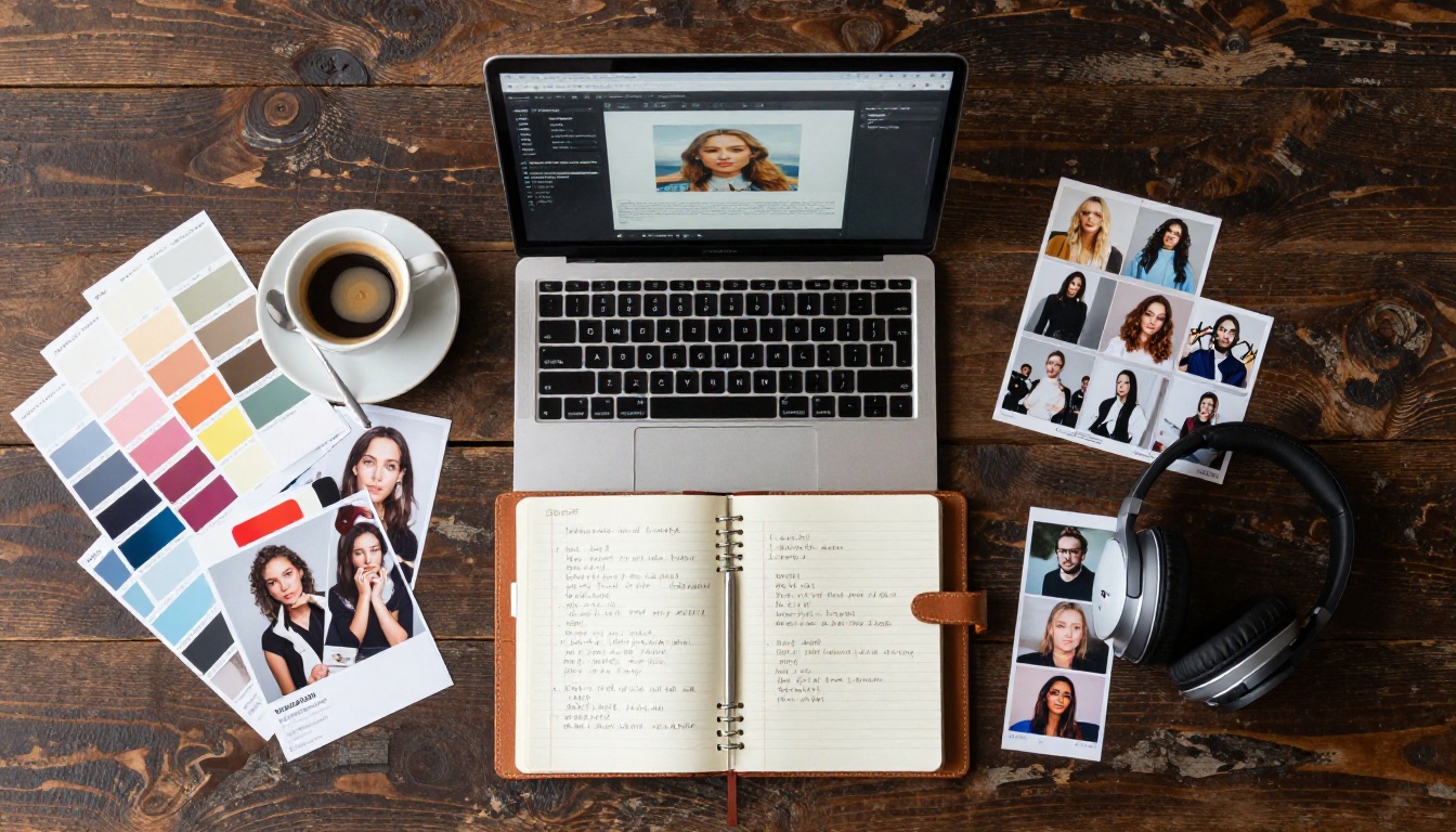 Overhead aerial flat-lay of creative workspace with laptop, coffee, color swatches, designer headphones, and printed photo strips on an oak desk