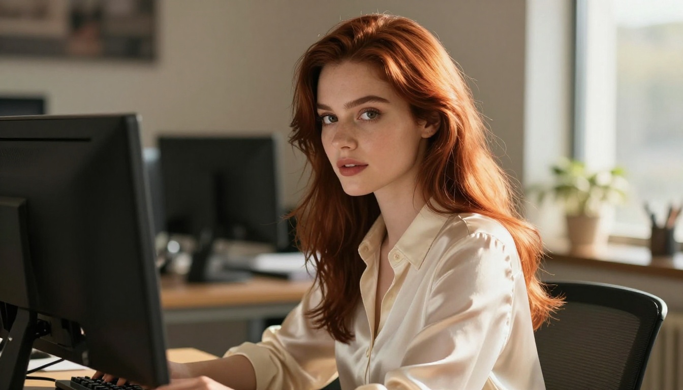 Beautiful woman with long auburn hair in a cream silk blouse, glancing over her shoulder at camera with a composed and confident expression