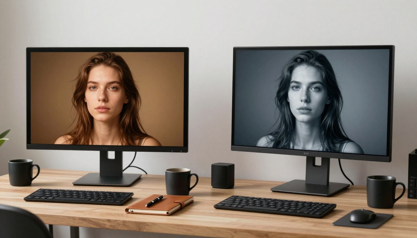 Split-screen professional monitor showing two AI image comparison panels, warm amber tones on the left and cooler blue-grey tones on the right