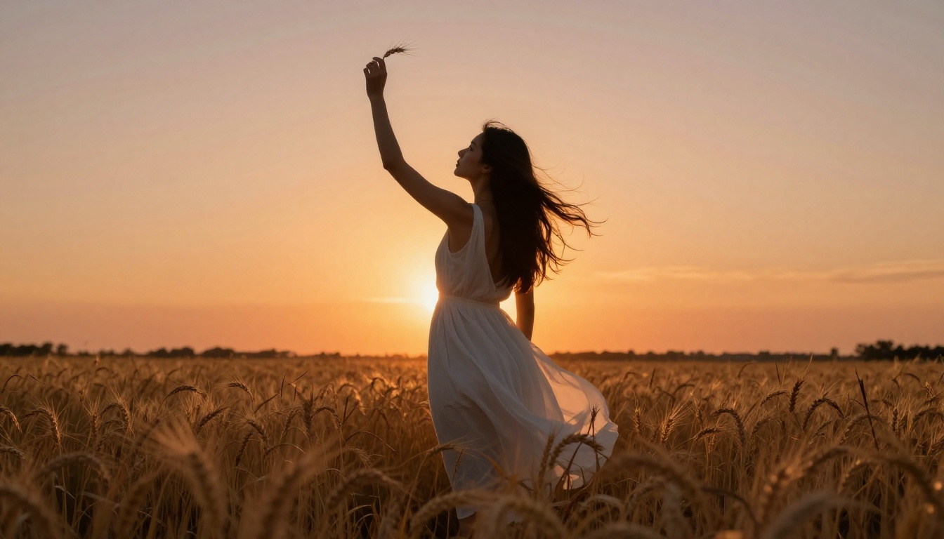 Woman in a flowing white dress in a golden wheat field at magic hour sunset, backlit with warm amber light
