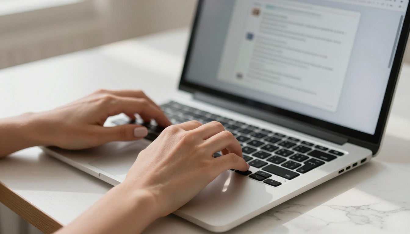Close-up of hands typing on laptop with AI chat interface visible in soft background