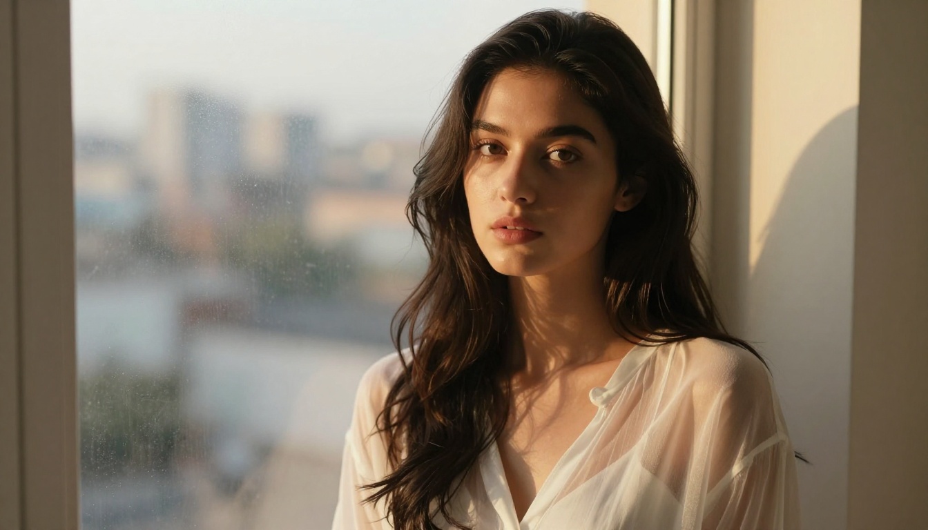 Elegant young woman with long dark hair standing near frosted glass window in warm golden afternoon light