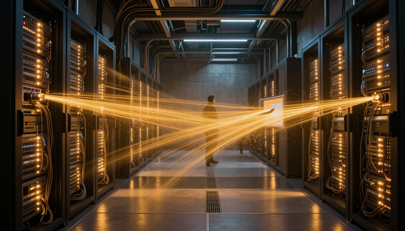 AI content filtering visualization with warm light streams and human silhouette in server room