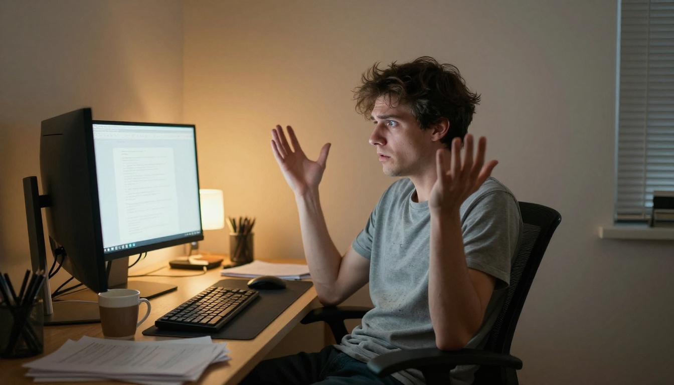 Frustrated young man leaning back at computer late at night with dual monitor and desk lamp lighting