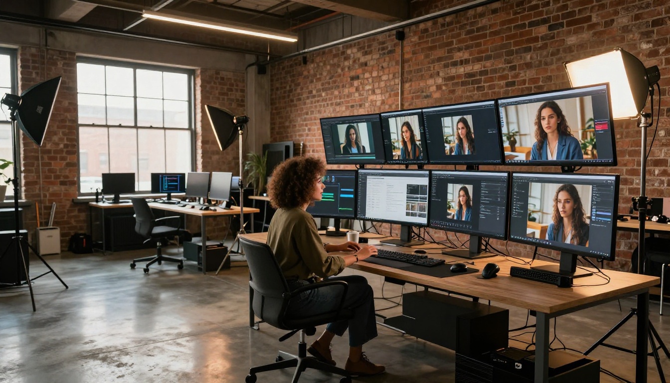 Creative AI studio workspace with professional monitors, studio lighting rigs, and exposed brick loft walls