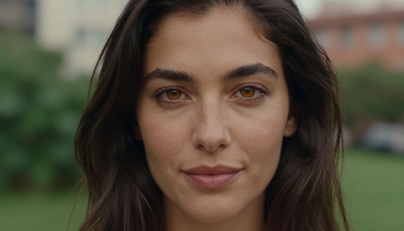 Close-up natural light portrait of woman with amber eyes, visible skin texture, soft urban bokeh background
