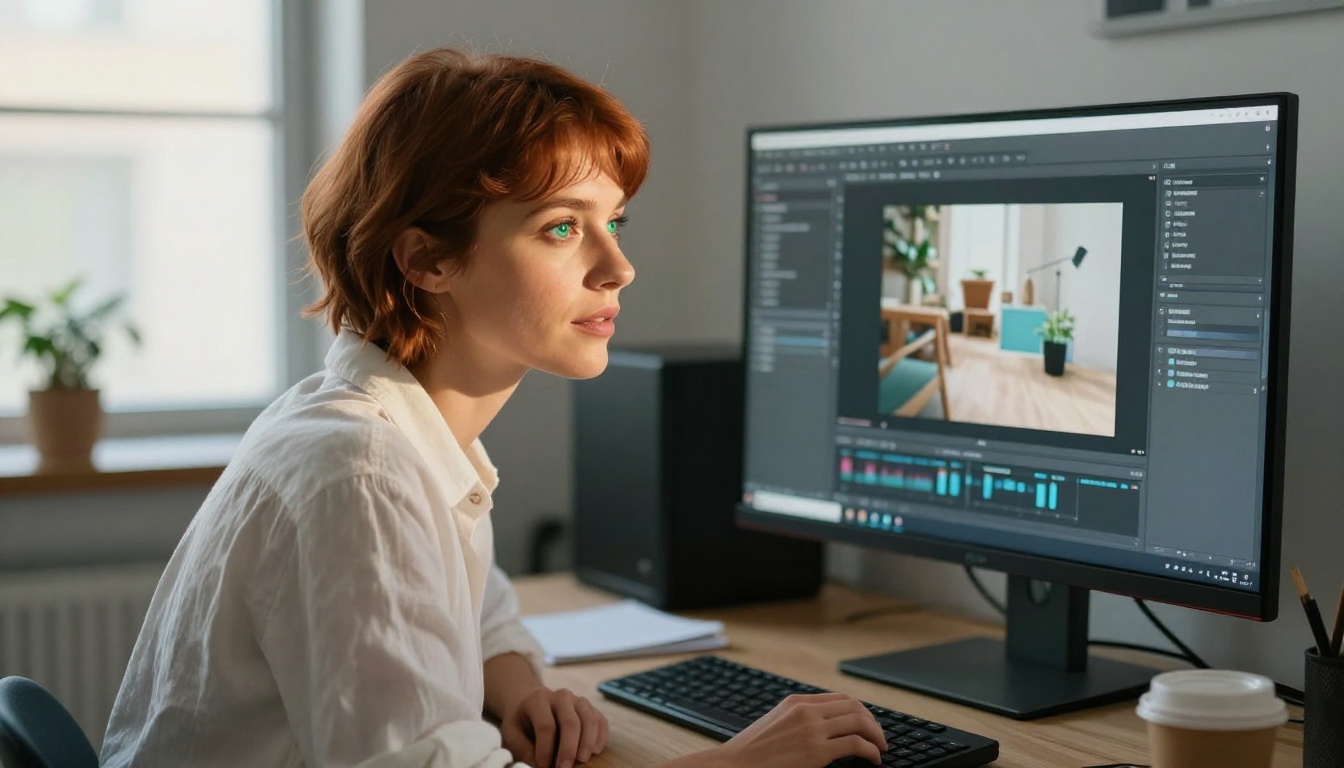 A creative professional woman with auburn hair works at a large ultrawide monitor in a modern minimalist studio, warm afternoon light streaming from the left