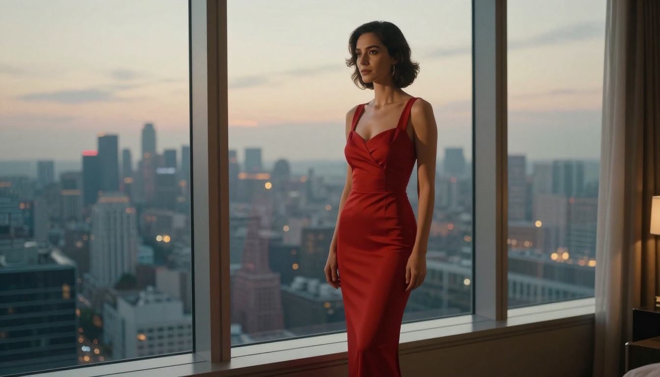 Woman in luxury hotel suite at dusk