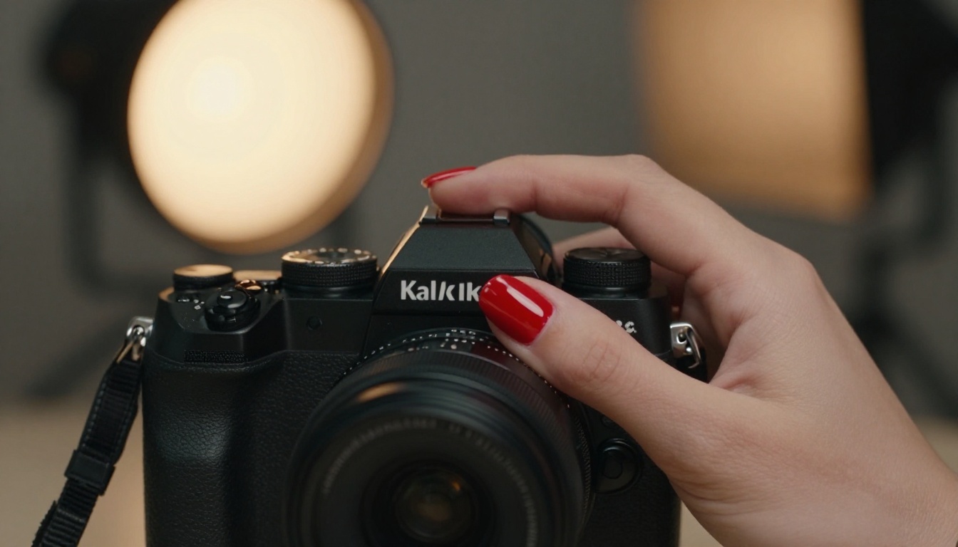 Close-up manicured hand on professional camera