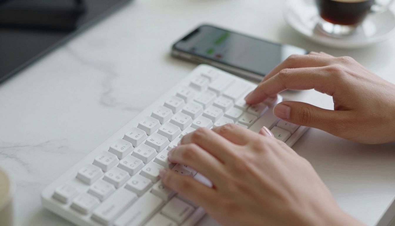 Close-up of hands typing on keyboard with AI chat interface glowing beside it