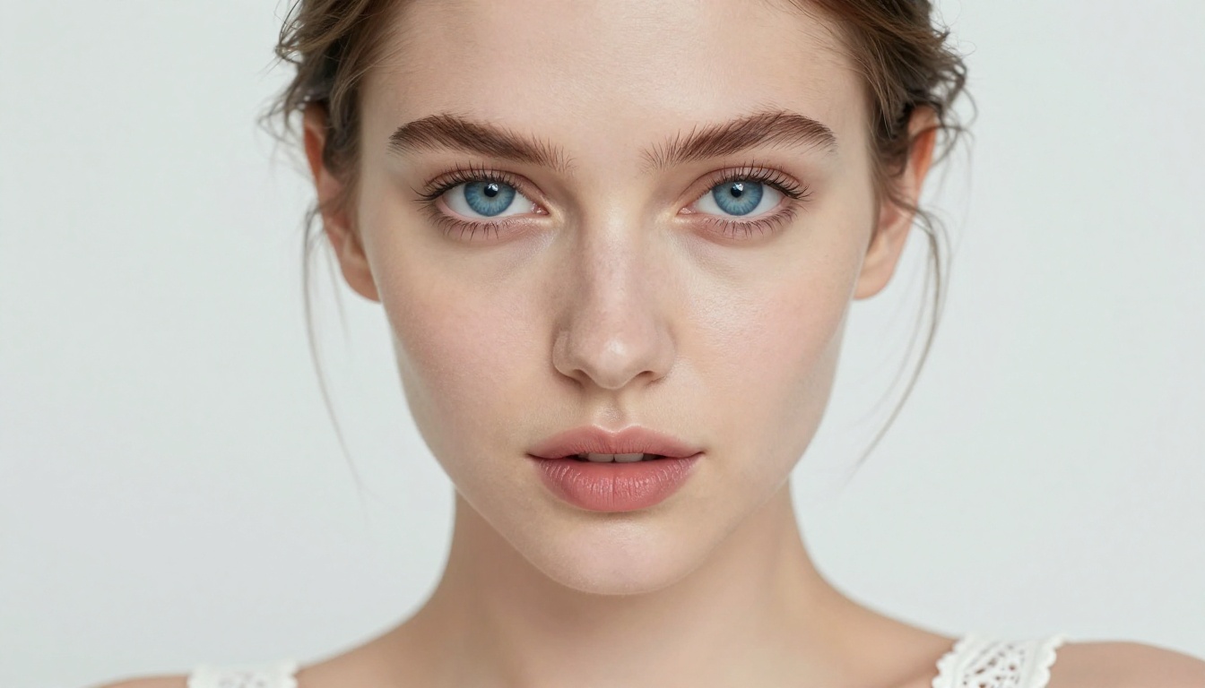 Extreme close-up beauty portrait of a woman with piercing blue eyes and porcelain skin, minimal white lace bralette, sharp detail, diffused studio light