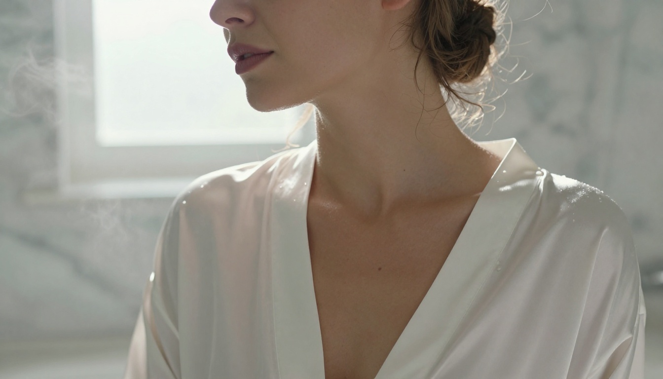 Woman in silk robe in marble bathroom