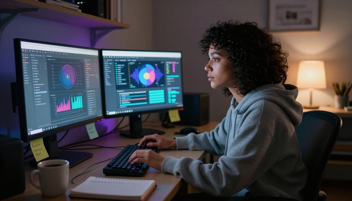 Tech professional working on multiple AI dashboards in a dimly lit home office Tech professional working on multiple AI dashboards in a dimly lit home office