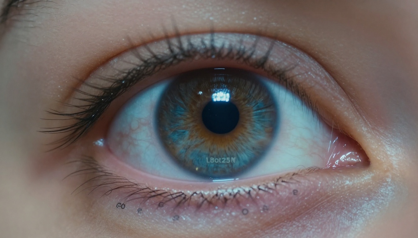 Close-up of a human eye reflecting text and chain-of-thought reasoning on a screen