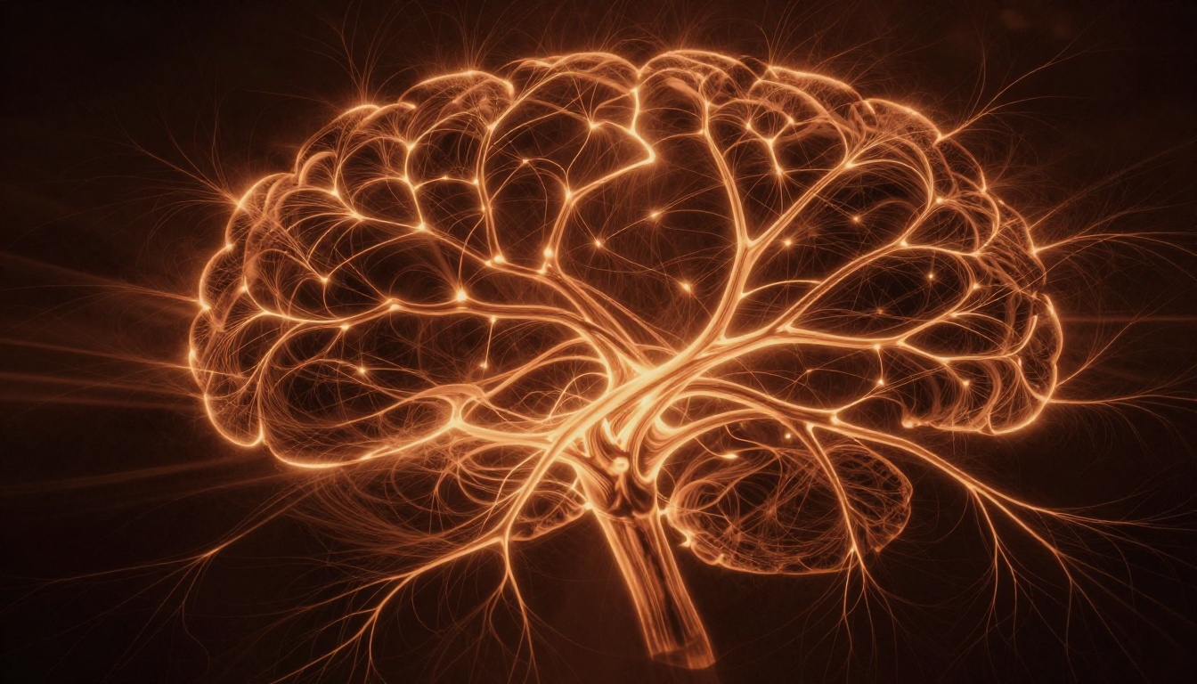 Abstract visualization of AI neural memory networks with golden light filaments representing synaptic connections