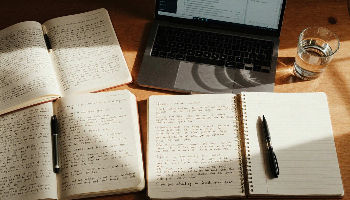Overhead aerial view of a writer's desk with open notebooks and a laptop showing a text editor