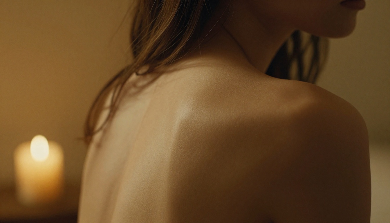 Close-up of woman's bare shoulders in candlelight