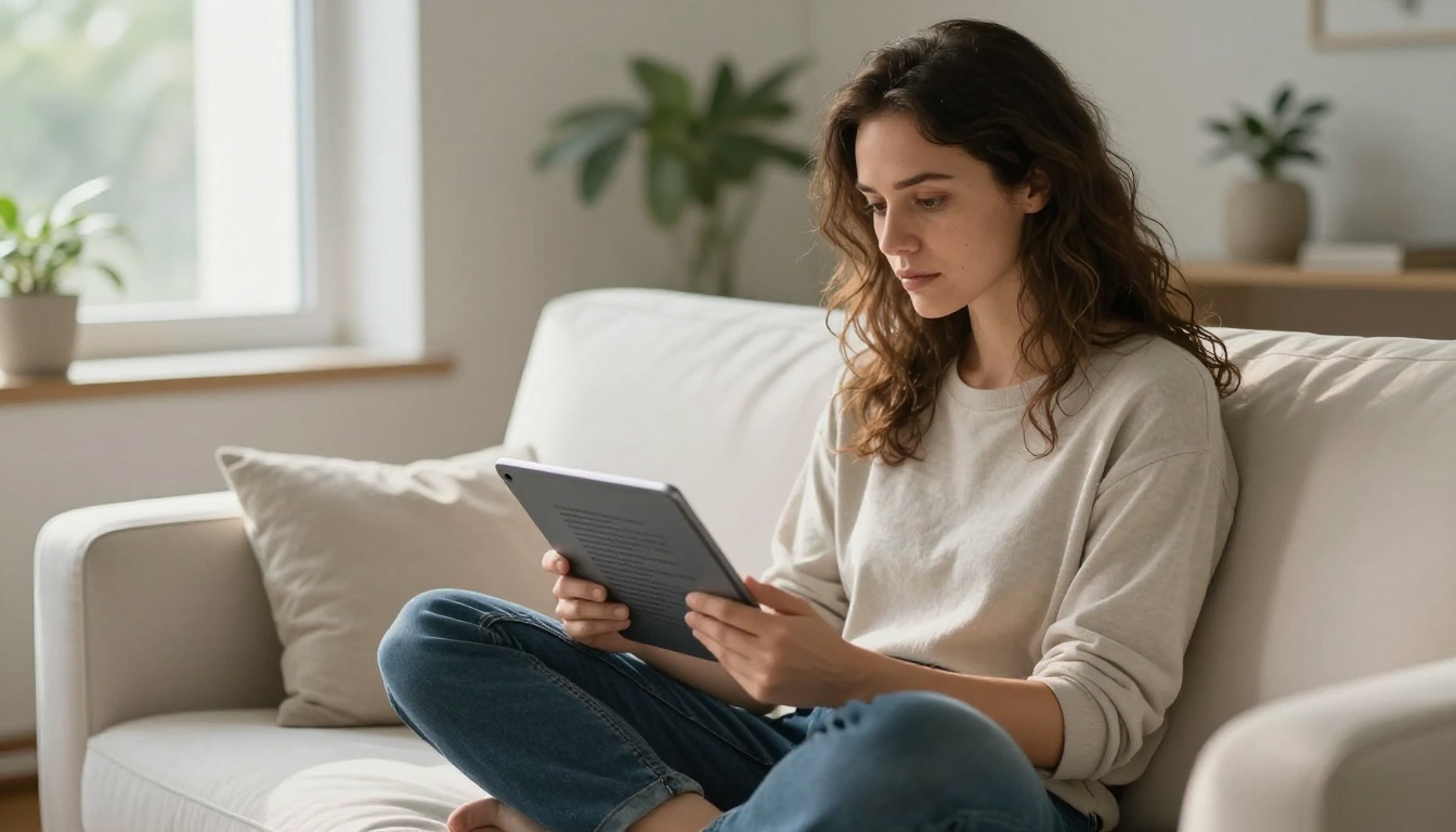 Woman sitting cross-legged on a white sofa reading long-form AI-generated text on a tablet in natural daylight