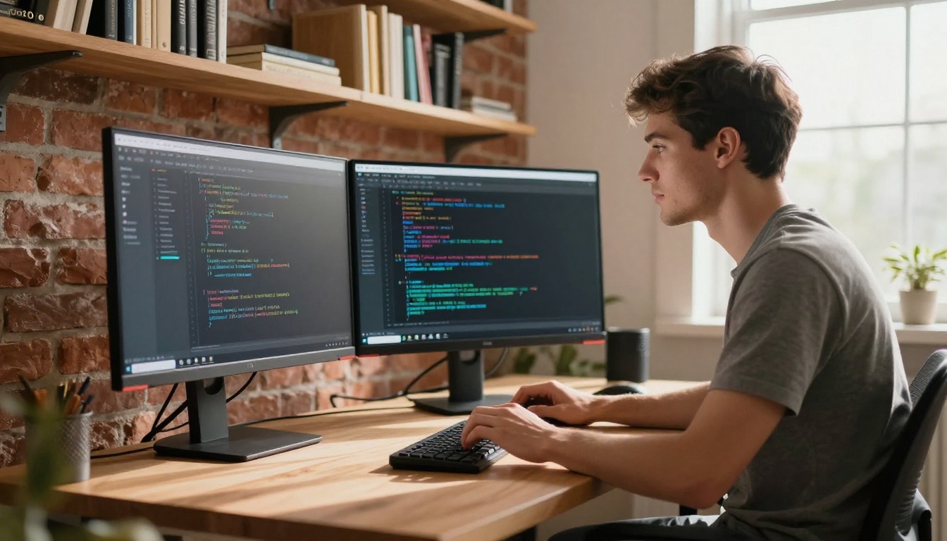 Male developer typing at a standing desk with code and AI chat output displayed on dual monitors