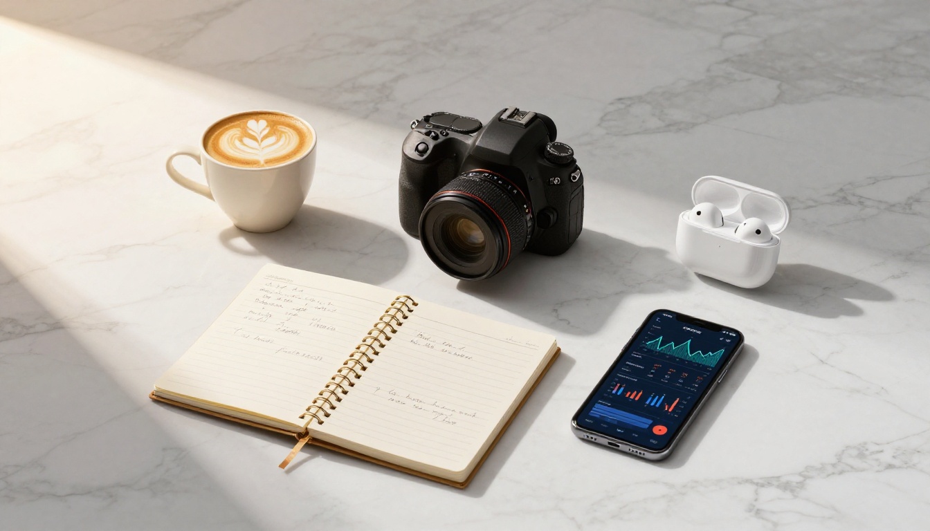 Content creator tools flat-lay on marble desk