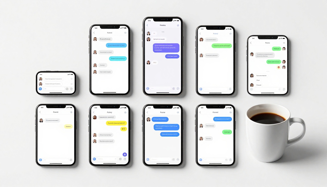 Multiple smartphones showing different AI chat interfaces with conversation bubbles, flat lay product shot