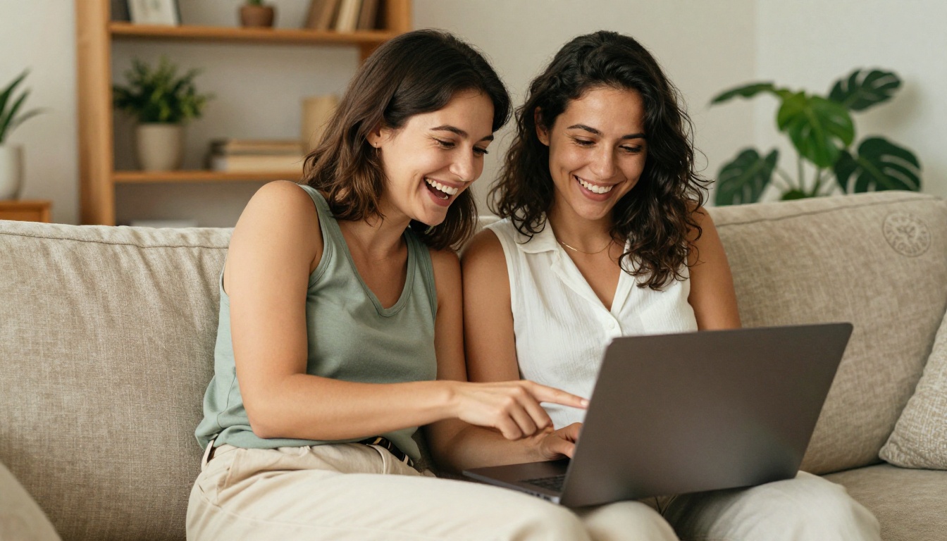 Two women laughing together on a beige linen sofa looking at a laptop screen