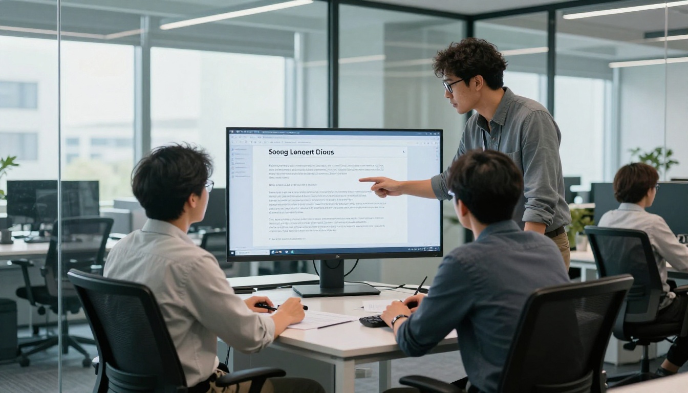 Content team of three gathered around a large monitor reviewing AI-generated article drafts in a glass-walled office