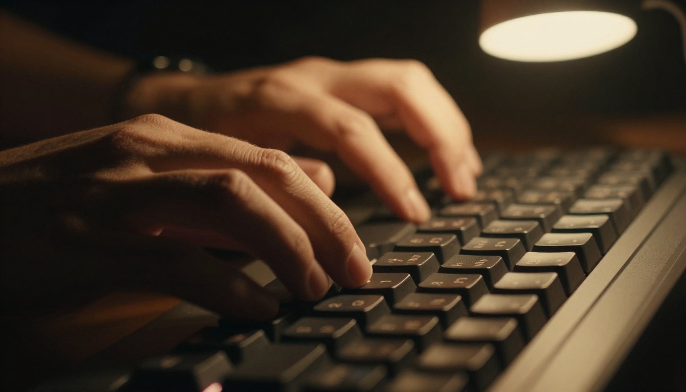 Tight close-up of fingers typing on a backlit mechanical keyboard with warm tungsten lamp light, motion blur on fingertips