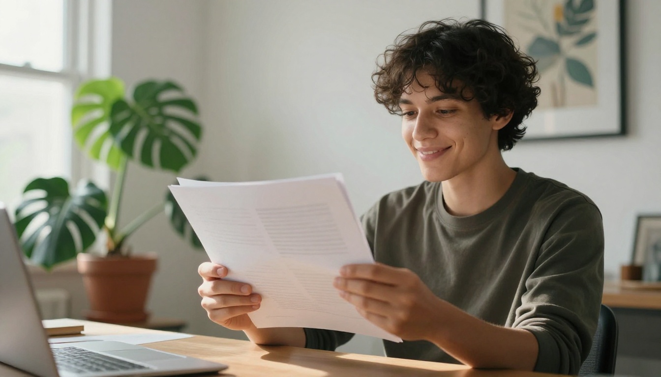 Person holding a freshly printed stack of AI-generated pages with a satisfied expression in a bright home office