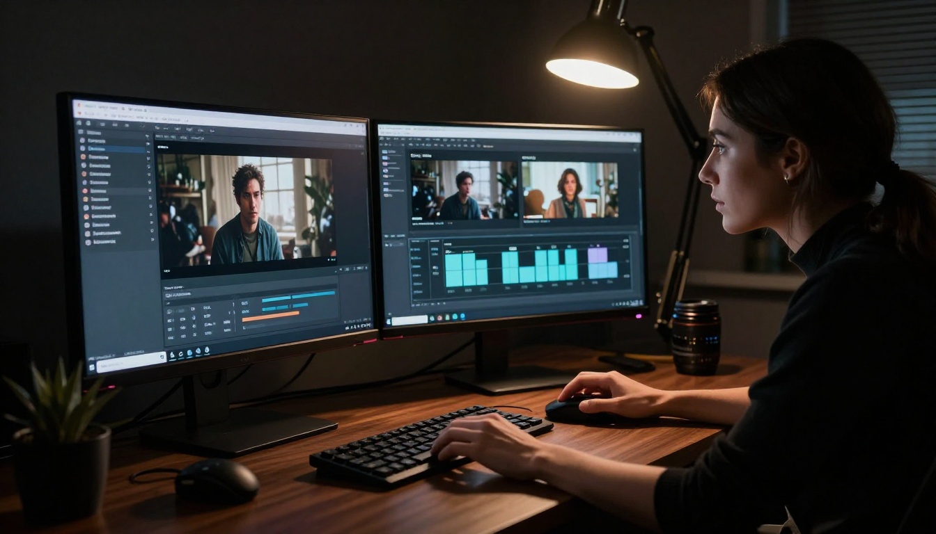 Content creator comparing AI video platforms on dual monitor setup