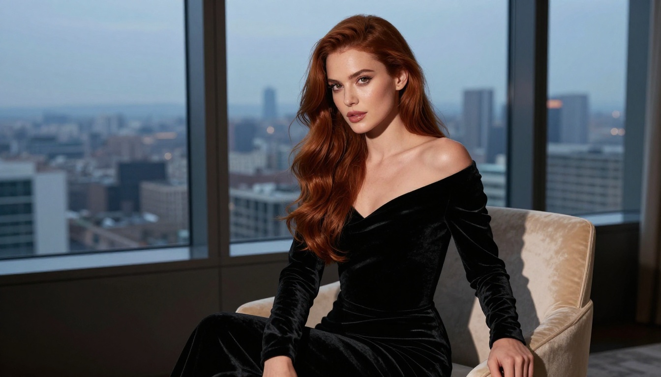 Glamour portrait of elegant woman in velvet dress at penthouse window