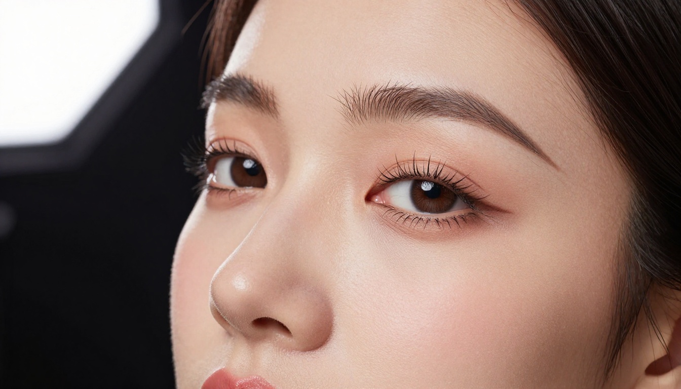 Close-up beauty portrait of woman with natural makeup, studio octabox lighting