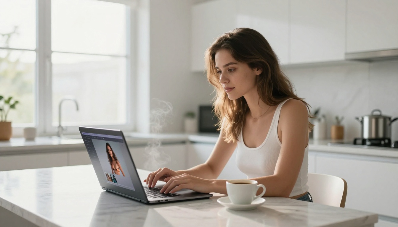 Woman using laptop with AI video generation platform on screen